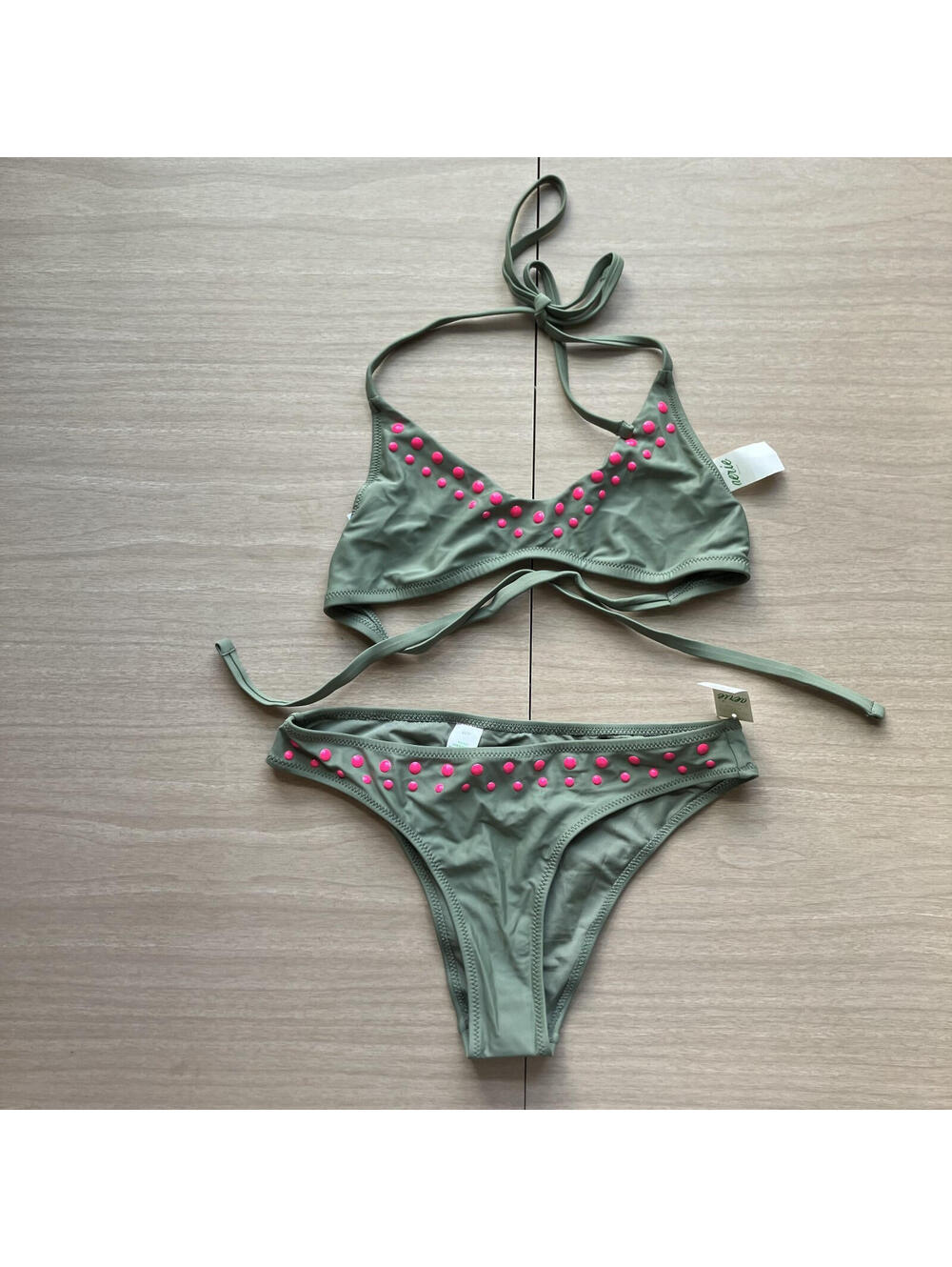 Aerie Swim Bikini SET Y2K Vibe Voop Tie Top Cheeky Bottoms Pink Studs Girly XS